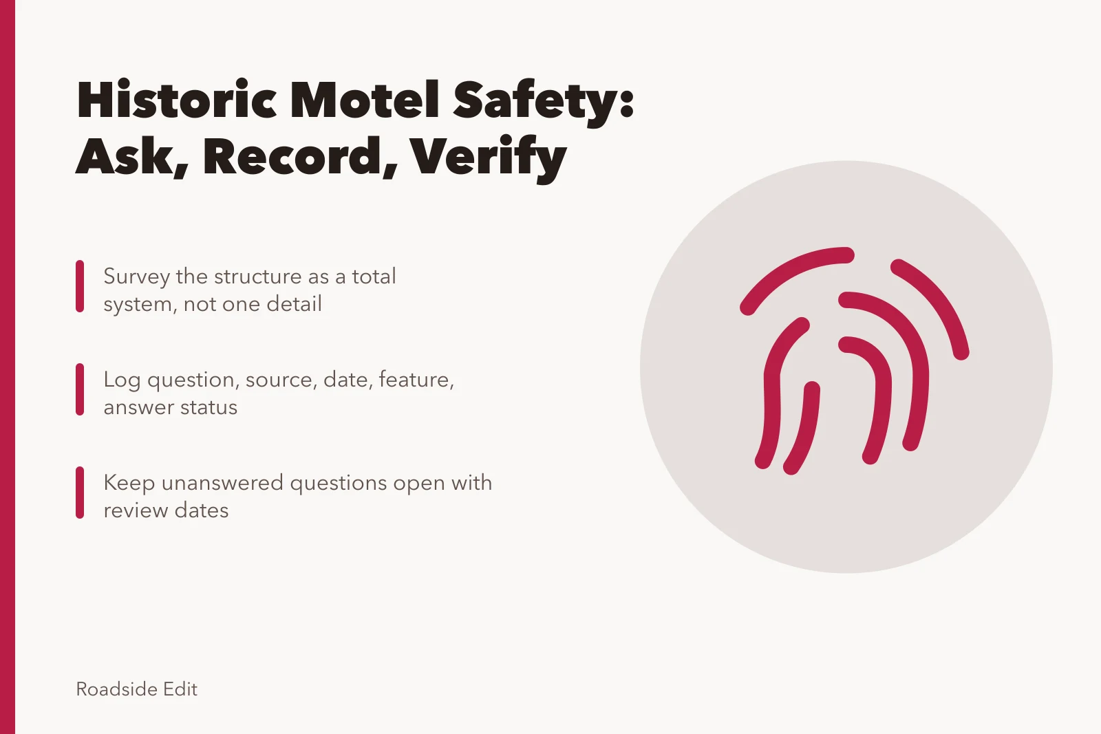 Checklist card for historic motel safety questions and recordkeeping. Historic motel safety checklist questions: what to ask before you decide