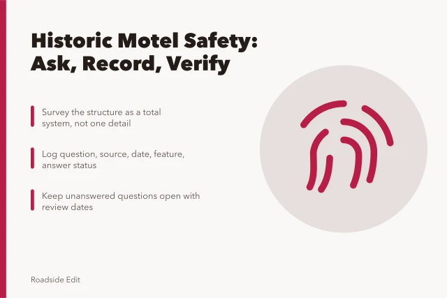 Checklist card for historic motel safety questions and recordkeeping. Historic motel safety checklist questions: what to ask before you decide