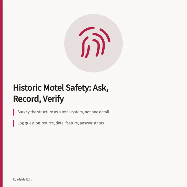 Checklist card for historic motel safety questions and recordkeeping. Historic motel safety checklist questions: what to ask before you decide