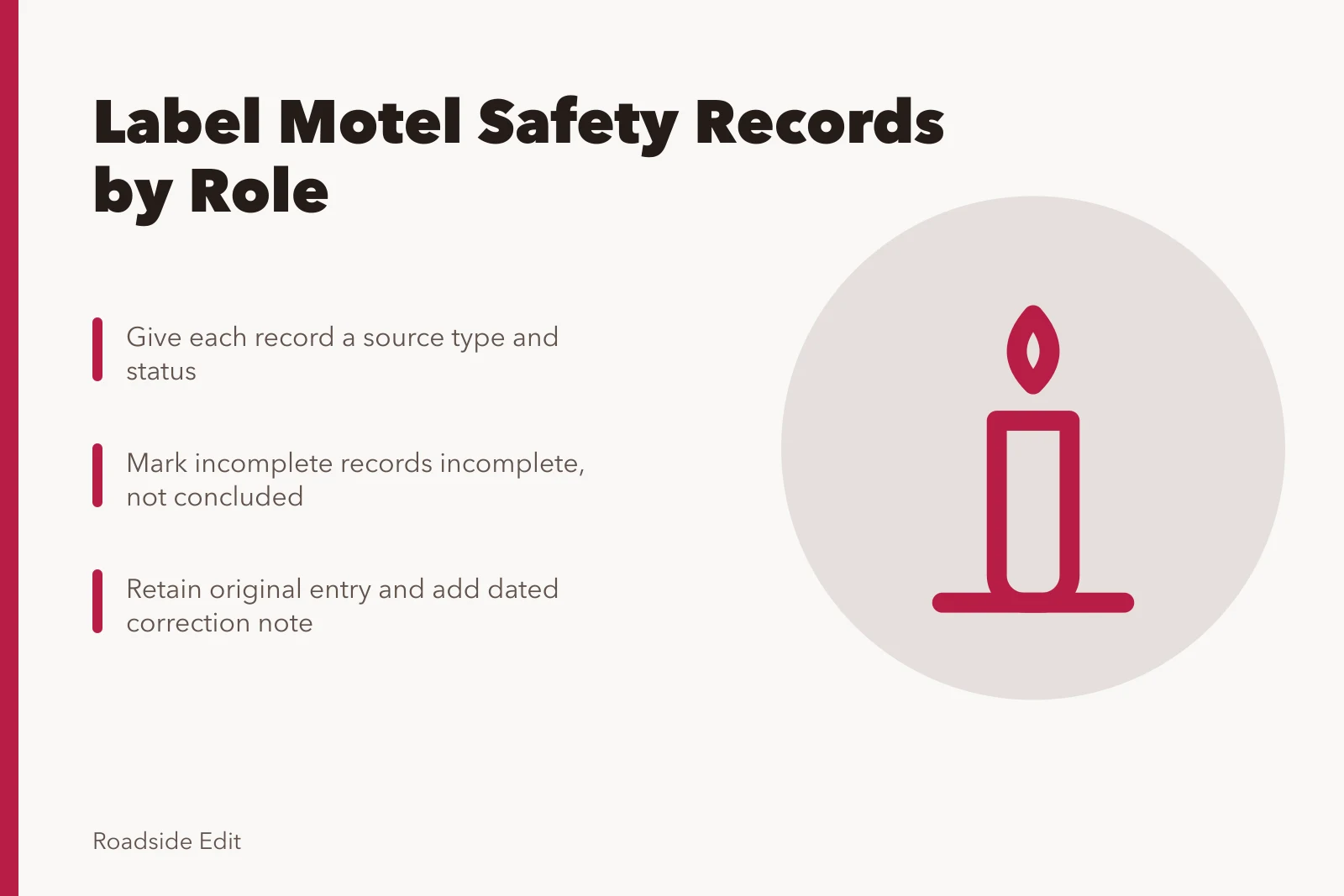 Card on labeling motel safety records, sources, and dated corrections. How historic motel owners should keep 2027 safety records separate from decisions