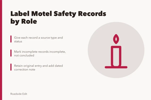 Card on labeling motel safety records, sources, and dated corrections. How historic motel owners should keep 2027 safety records separate from decisions