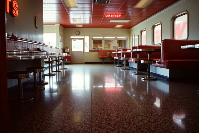 Vintage diner interior with terrazzo floor, counter and stools. The floor fails first: deciding what to keep in vintage diner interiors