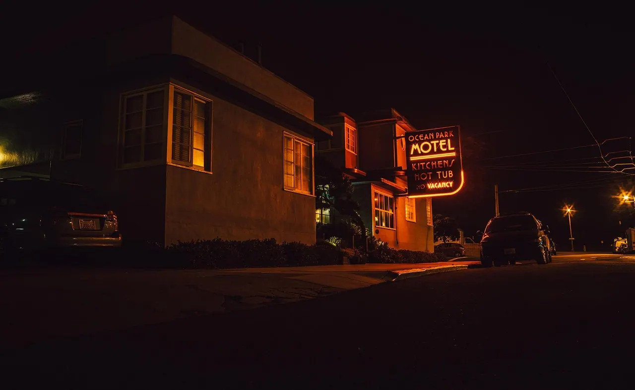 motel, sign, street, road, night, evening, dark, city, black city, black road, black night, black dark, black street, motel, motel, motel, motel, motel