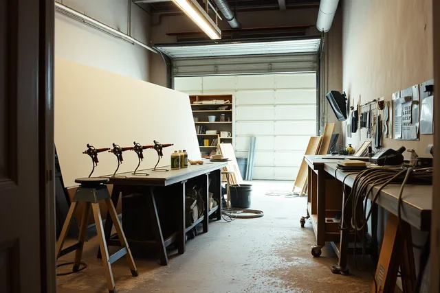 Working roadside design studio workshop floor with tools, trestles and solvent bench. Why does a roadside design studios trip need to run on someone else's clock?