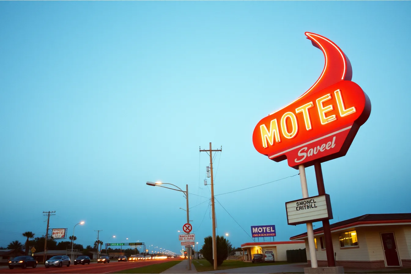 Mid-century motel boomerang neon sign on a roadside pole at dusk. A Field Guide to Mid-Century Motel Boomerang Signs