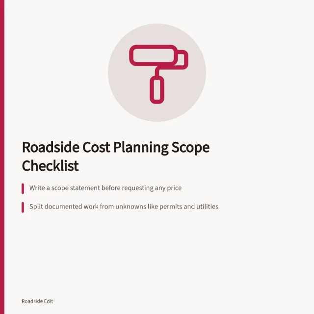 Checklist card for roadside design cost planning scope and estimates. How to build a modern roadside design cost planning scope checklist