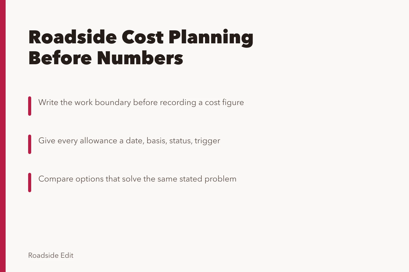 Card summarizing careful roadside cost planning steps before committing to numbers. How modern roadside design cost planning works before you commit to a number