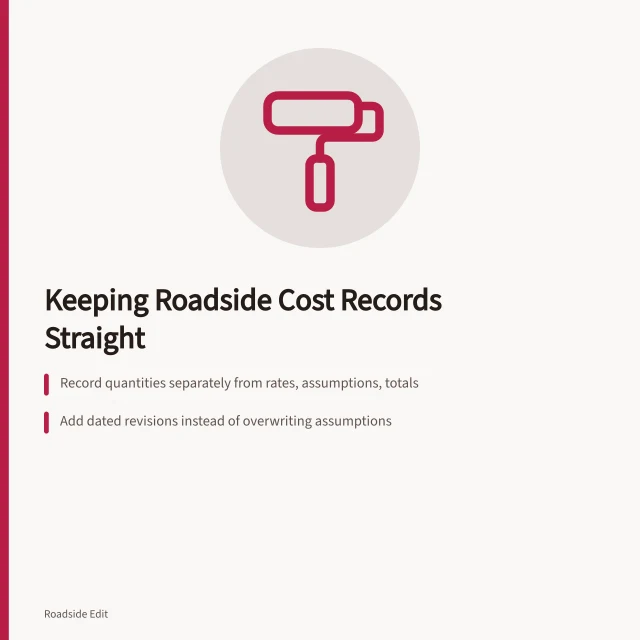 Card summarizing roadside cost record keeping, revisions, and source traceability. How owner teams keep modern roadside cost planning records straight