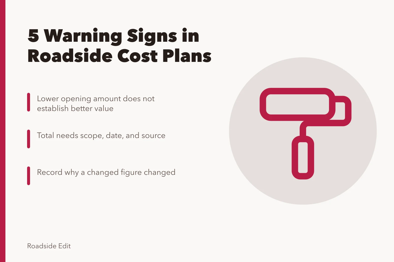 Card listing five warning signs for checking 2027 roadside cost plans. Before you trust a 2027 roadside cost plan, check these 5 warning signs