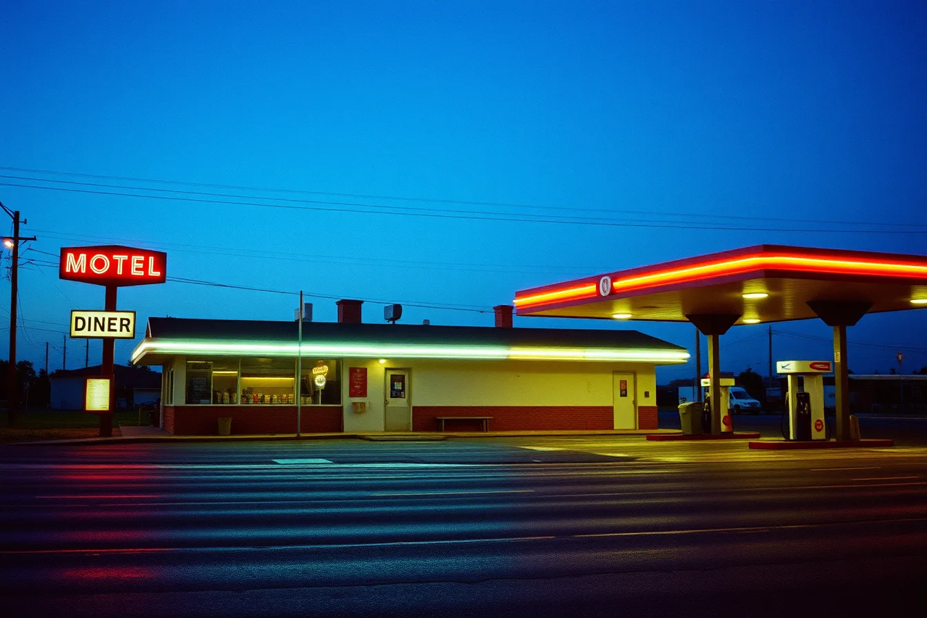 Neon motel diner sign and gas station canopy glowing at dusk along a highway. Modern roadside design fundamentals: a 2027 guide to arrival, identity and lighting