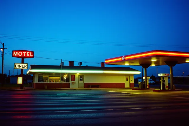 Neon motel diner sign and gas station canopy glowing at dusk along a highway. Modern roadside design fundamentals: a 2027 guide to arrival, identity and lighting