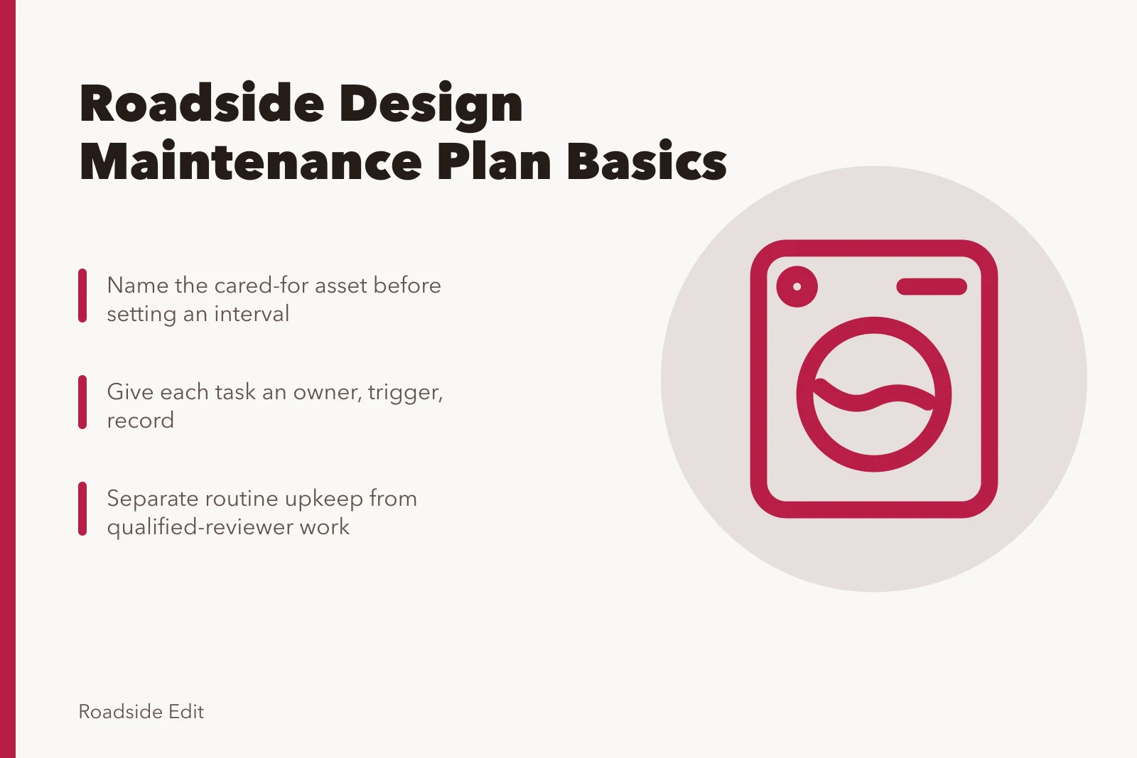 Card outlining roadside design maintenance planning steps for owners. Modern Roadside Design Maintenance Plan 2027
