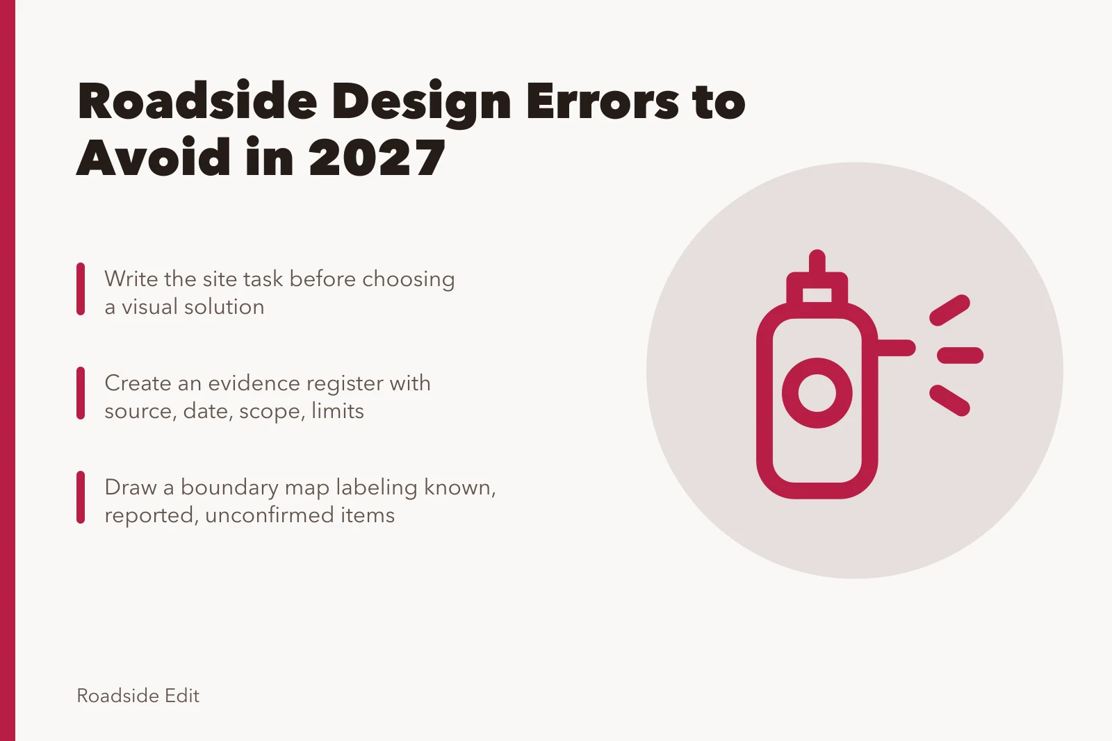 Card listing six roadside design mistakes to avoid in 2027. Modern roadside design mistake prevention: 6 errors to avoid in 2027