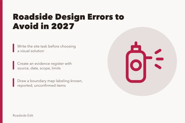 Card listing six roadside design mistakes to avoid in 2027. Modern roadside design mistake prevention: 6 errors to avoid in 2027