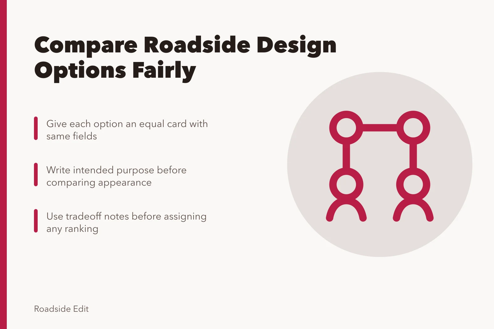 Card comparing roadside design options with equal cards and tradeoff notes. How to compare modern roadside design options before you decide