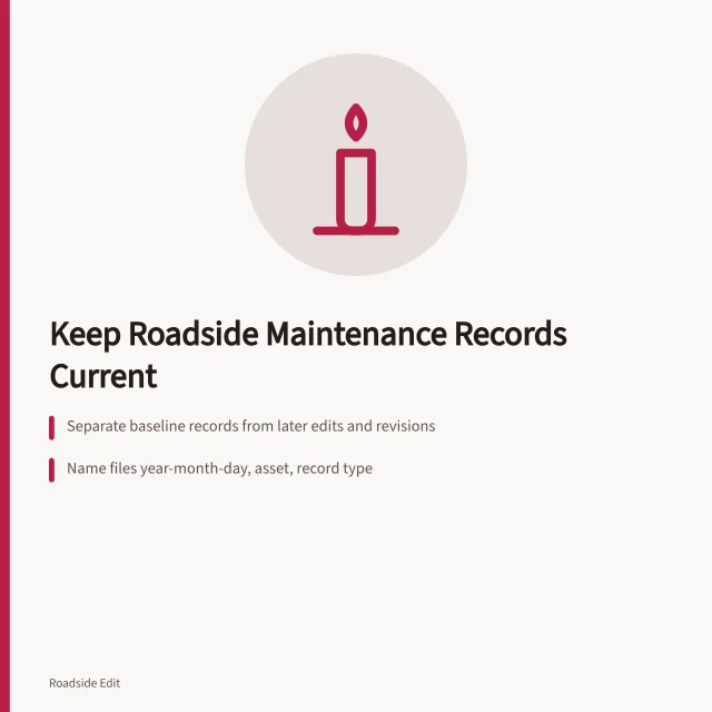 Card about organizing roadside maintenance records, inspections, and handoff files. Owner records for modern roadside design: how to keep a maintenance plan current