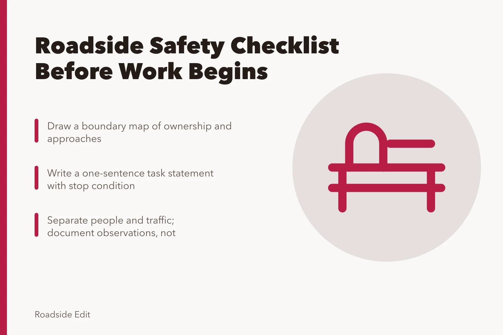 Roadside safety checklist card with boundary map and task steps. How a modern roadside design safety checklist works before work begins