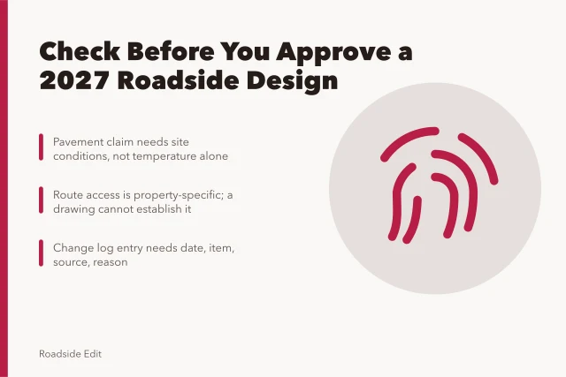 Checklist card for verifying 2027 roadside design claims and change logs. Warning signs to check before you approve a 2027 roadside design