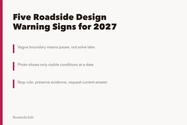 Card listing five roadside design warning signs needing a pause before 2027. Five warning signs your roadside design records need a pause before 2027