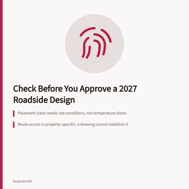 Checklist card for verifying 2027 roadside design claims and change logs. Warning signs to check before you approve a 2027 roadside design