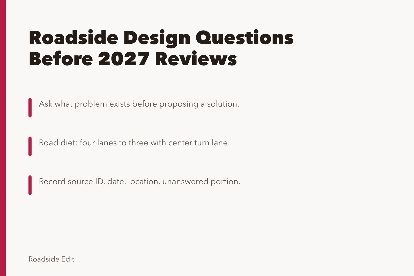 Card comparing roadside design options and review questions for 2027. Modern roadside design options: comparison questions to ask before 2027 reviews