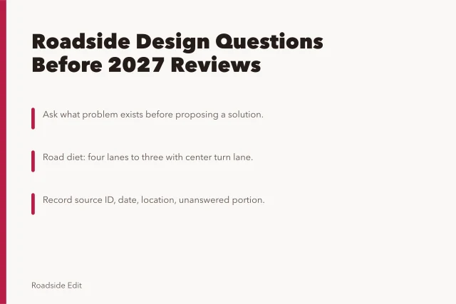 Card comparing roadside design options and review questions for 2027. Modern roadside design options: comparison questions to ask before 2027 reviews