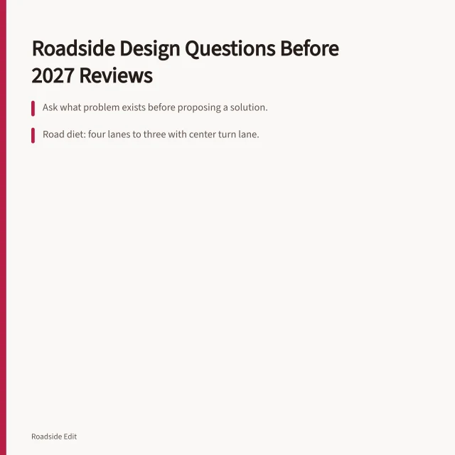 Card comparing roadside design options and review questions for 2027. Modern roadside design options: comparison questions to ask before 2027 reviews