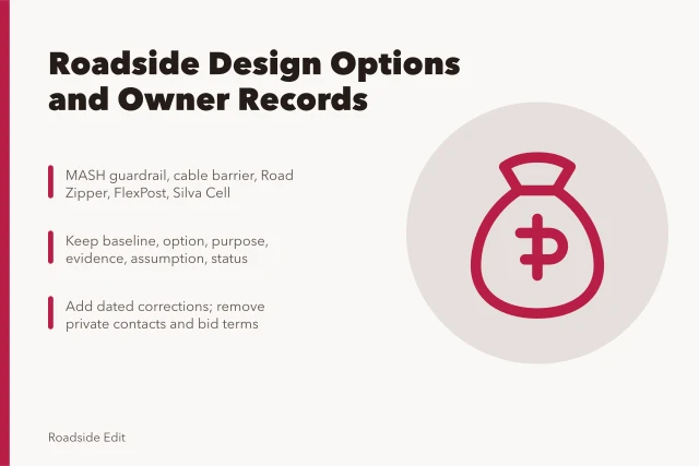 Card listing roadside design options and owner record keeping steps. Modern roadside design options: how owner records hold up in 2027