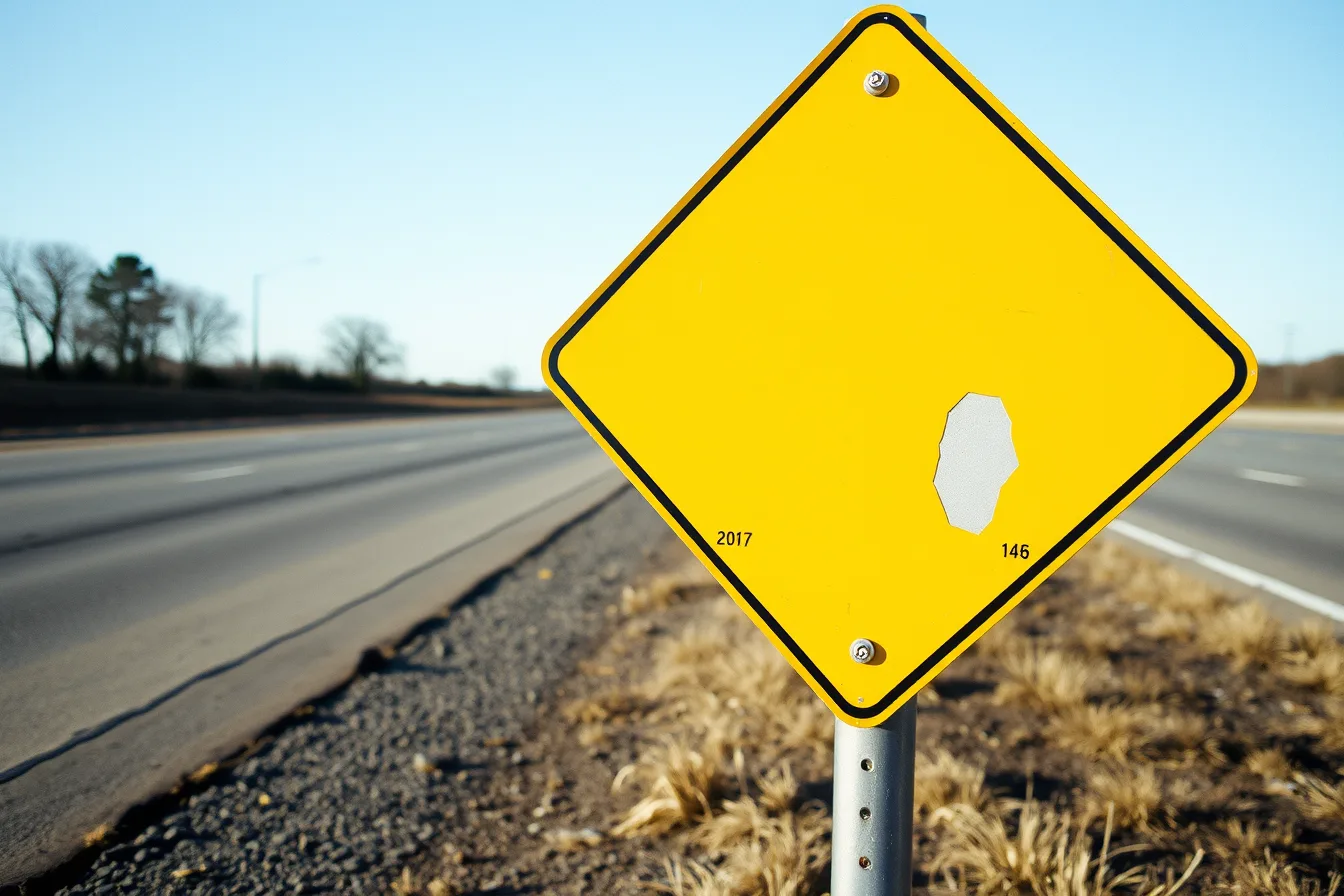 Weathered retroreflective yellow diamond warning sign on a highway post. Before you compare modern roadside warning signs for 2027, check the record