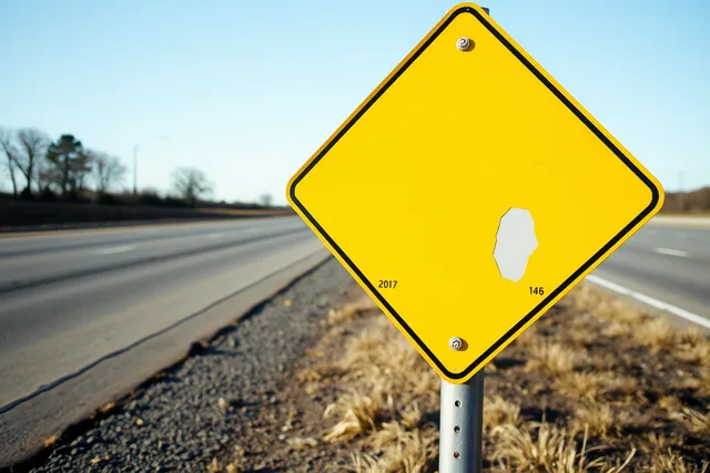 Weathered retroreflective yellow diamond warning sign on a highway post. Before you compare modern roadside warning signs for 2027, check the record