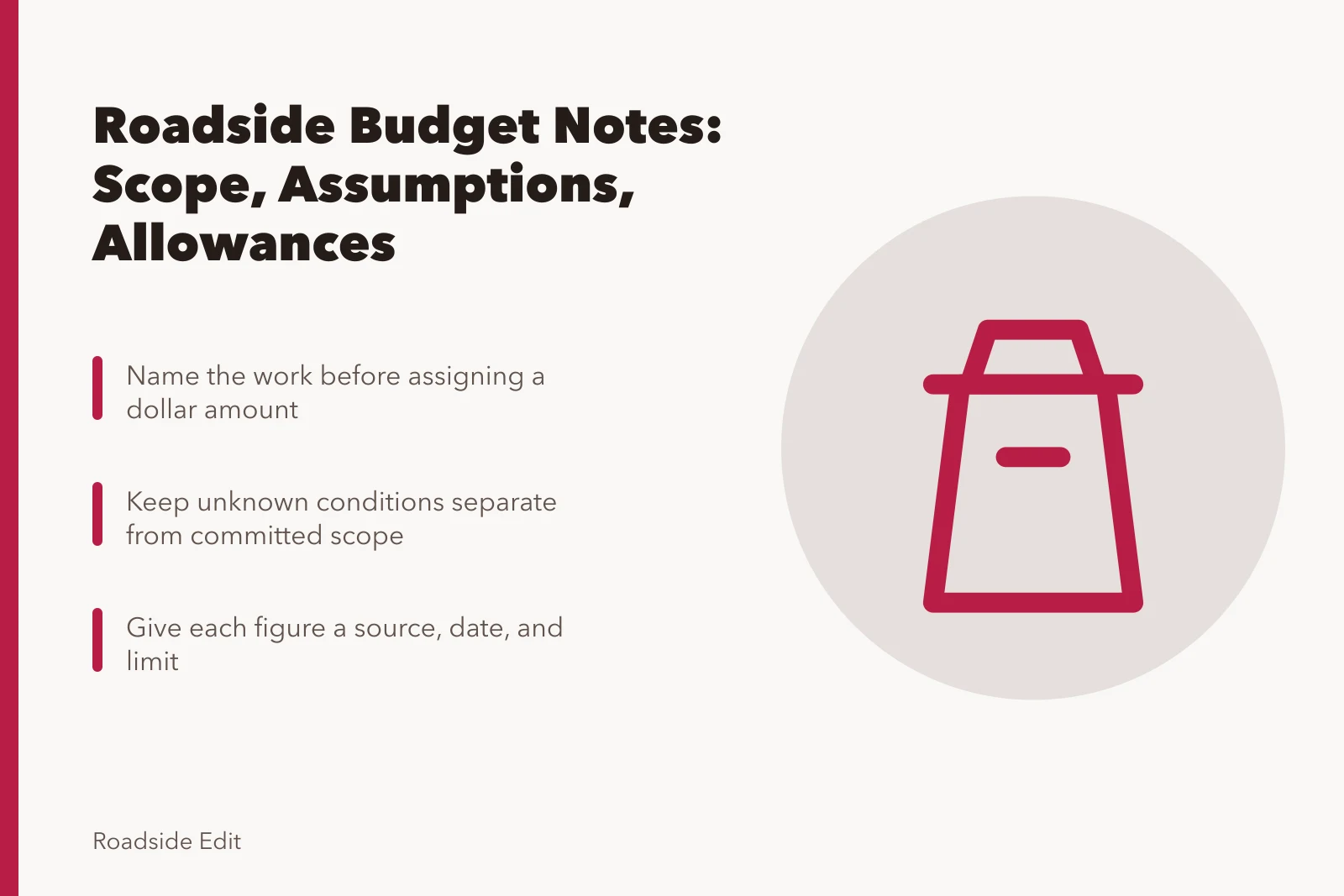 Card summarizing roadside planning budget notes on scope, assumptions, and allowances. Roadside planning budget notes: how to separate scope, assumptions and allowances