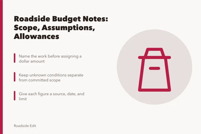Card summarizing roadside planning budget notes on scope, assumptions, and allowances. Roadside planning budget notes: how to separate scope, assumptions and allowances