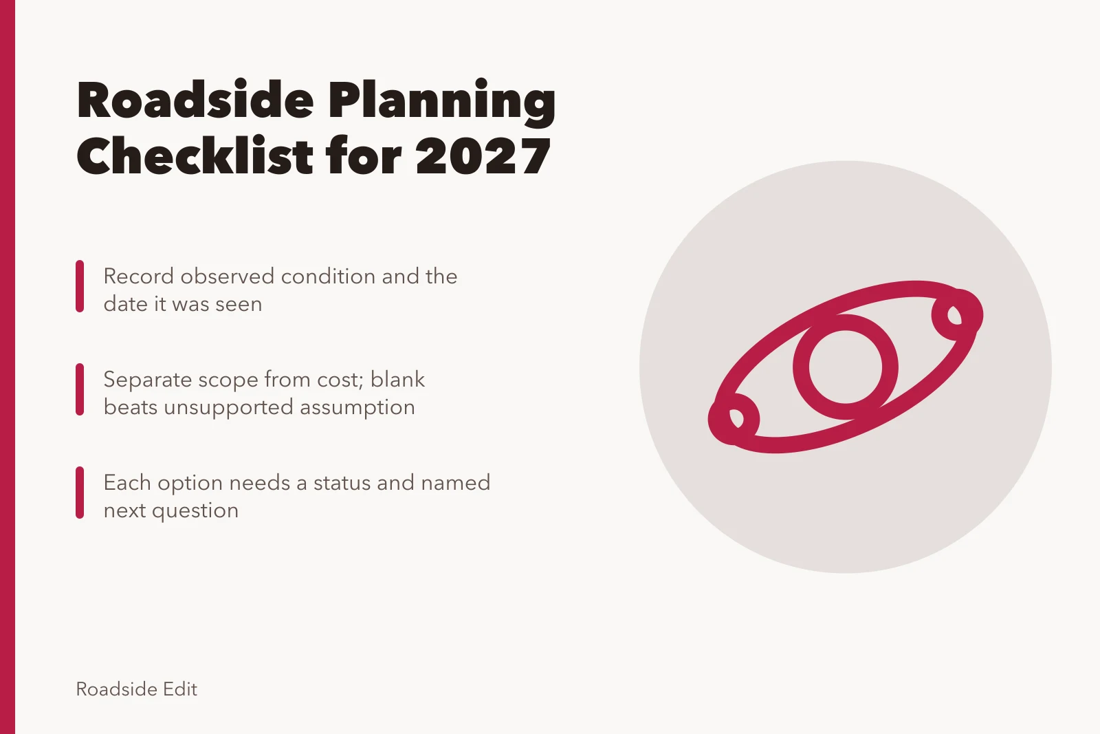 Checklist card for 2027 roadside planning with scope, cost, and evidence steps. How a modern roadside design planning checklist shapes the 2027 workflow
