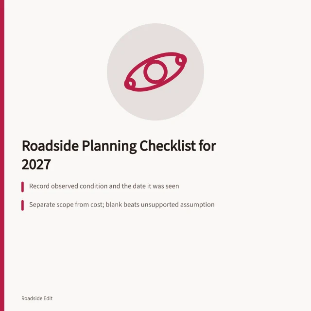 Checklist card for 2027 roadside planning with scope, cost, and evidence steps. How a modern roadside design planning checklist shapes the 2027 workflow