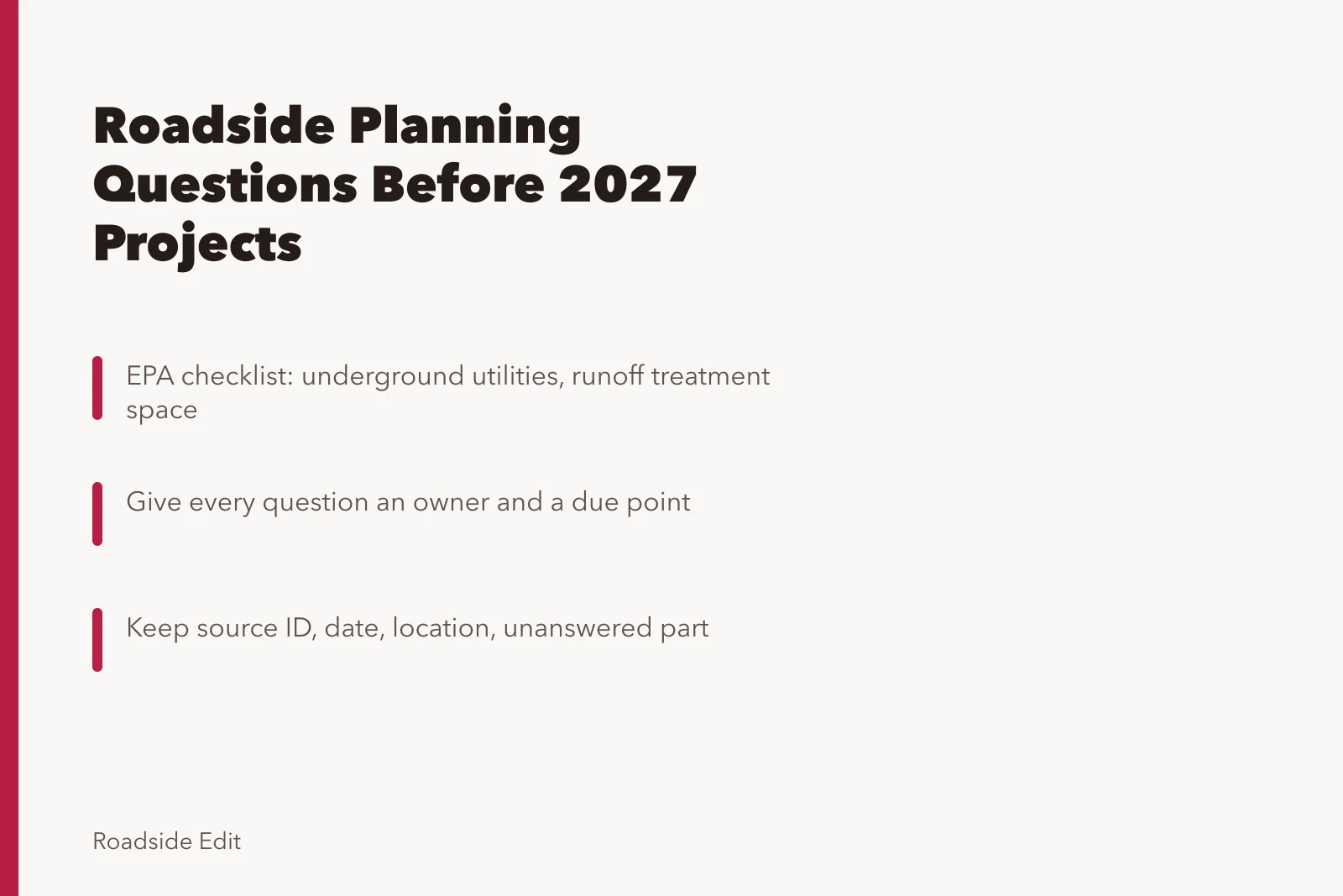 Roadside planning checklist card with questions, owners, and source records. Roadside design planning questions to ask before 2027 projects advance