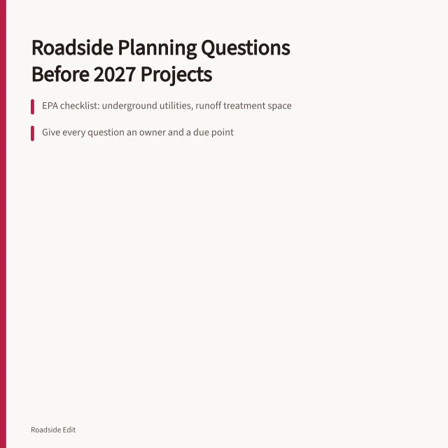 Roadside planning checklist card with questions, owners, and source records. Roadside design planning questions to ask before 2027 projects advance
