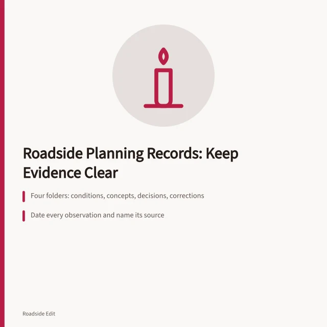 Card on keeping roadside planning records clear with dated evidence and corrections. How to keep modern roadside design planning records clear in 2027