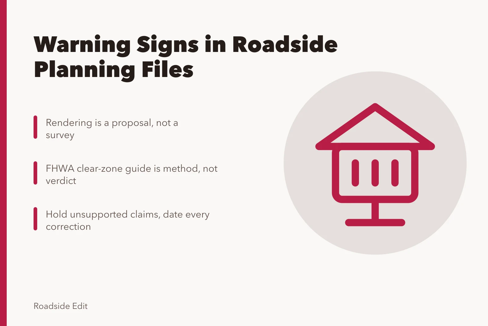 Roadside planning warning sign icon marking unsourced claims and untraceable decisions. How modern roadside planning workflow warning signs catch weak evidence