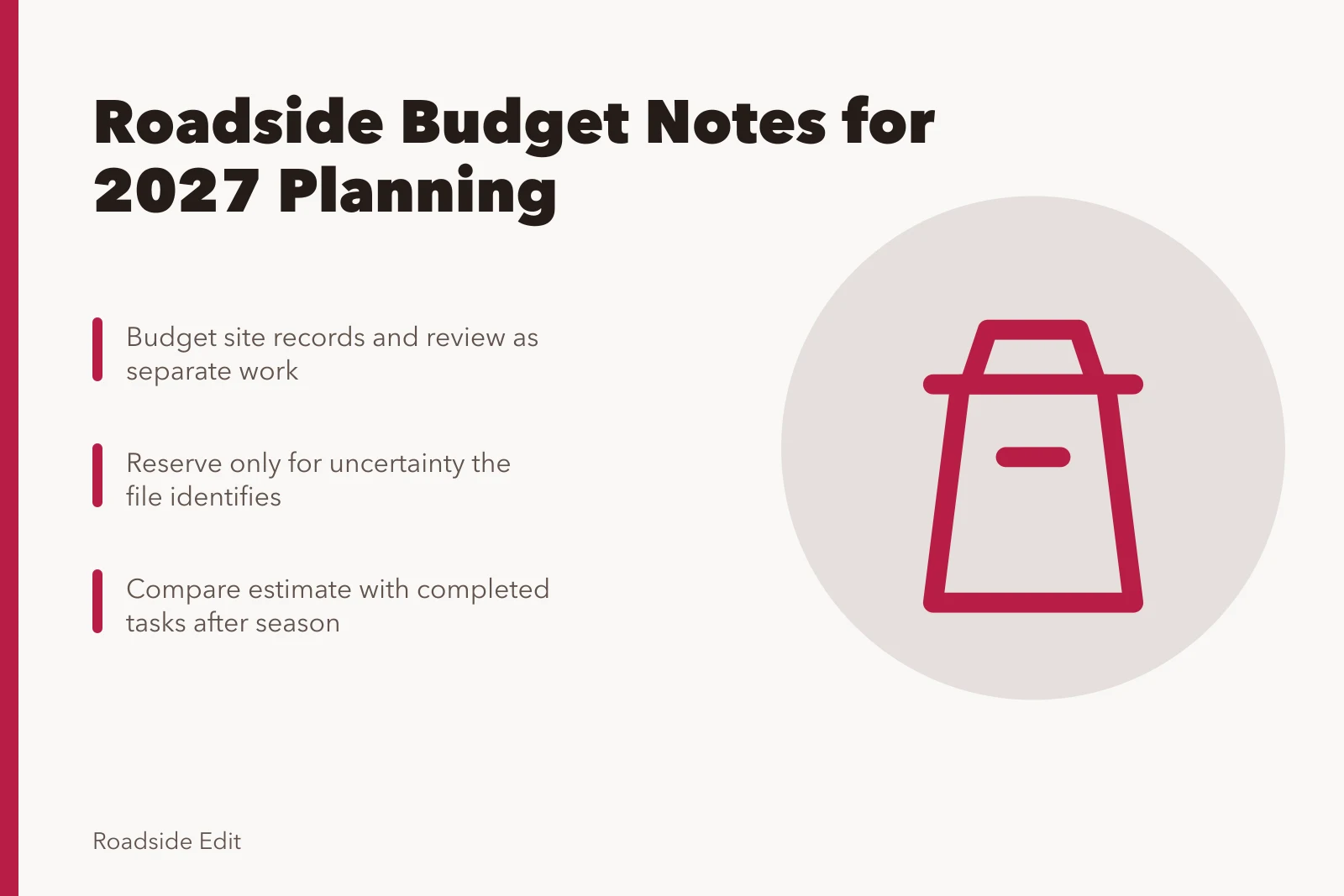 Card outlining roadside budget planning steps for 2027 regional estimates. How modern roadside design regional adaptation budget notes work for 2027 planning