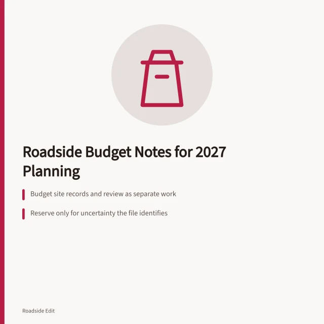 Card outlining roadside budget planning steps for 2027 regional estimates. How modern roadside design regional adaptation budget notes work for 2027 planning