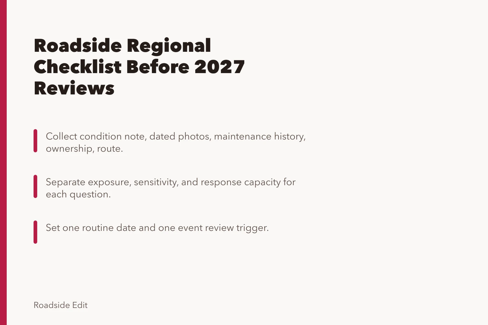 Checklist card for roadside regional adaptation review before 2027. Modern roadside design checklist: regional adaptation scope before 2027 reviews