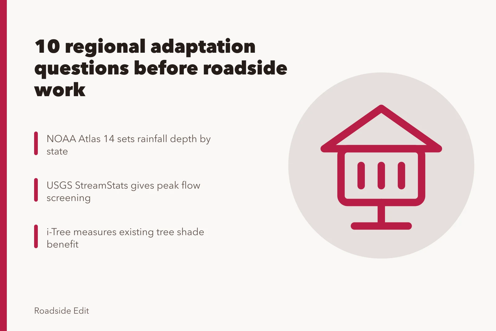 Card listing ten regional adaptation questions for roadside design work. Modern roadside design: 10 regional adaptation questions to ask before you act