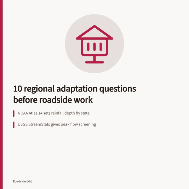 Card listing ten regional adaptation questions for roadside design work. Modern roadside design: 10 regional adaptation questions to ask before you act