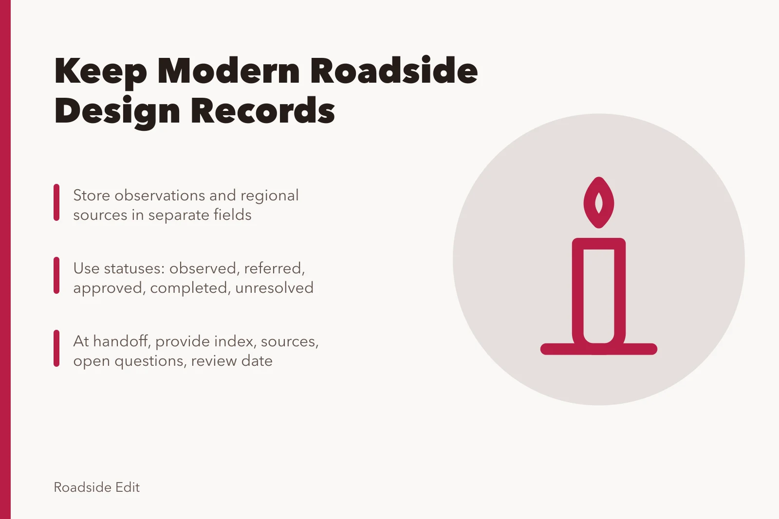 Card with steps for keeping modern roadside design records. How owners can keep modern roadside design records for 2027