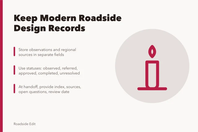 Card with steps for keeping modern roadside design records. How owners can keep modern roadside design records for 2027