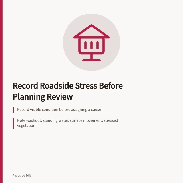 Roadside warning sign marking a condition to record and review. How modern roadside warning signs document regional stress before planning review