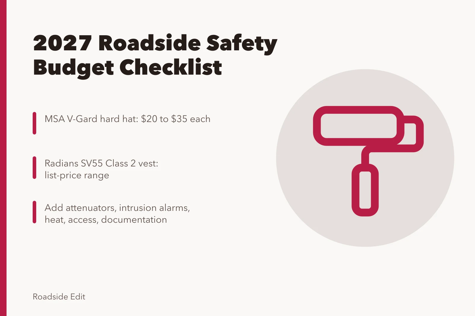 2027 roadside safety gear budget checklist with hard hat and vest prices. Modern roadside safety checklist: 2027 budget figures for owners