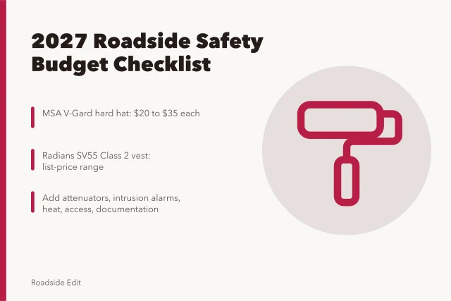 2027 roadside safety gear budget checklist with hard hat and vest prices. Modern roadside safety checklist: 2027 budget figures for owners