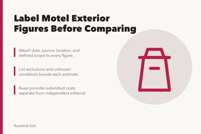 Card listing three rules for labeling motel exterior budget figures. How to write motel exterior budget notes that hold up in 2027