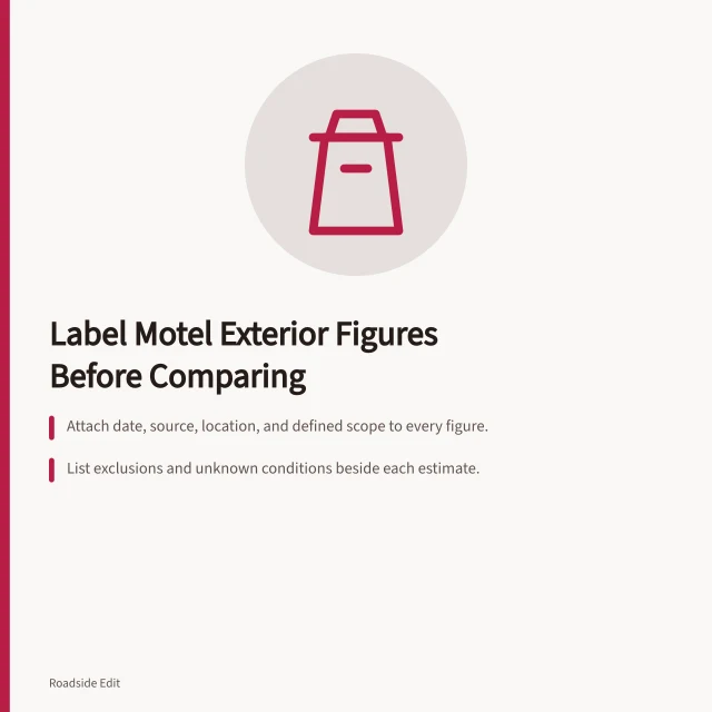 Card listing three rules for labeling motel exterior budget figures. How to write motel exterior budget notes that hold up in 2027